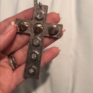 Silver long spike cross necklace